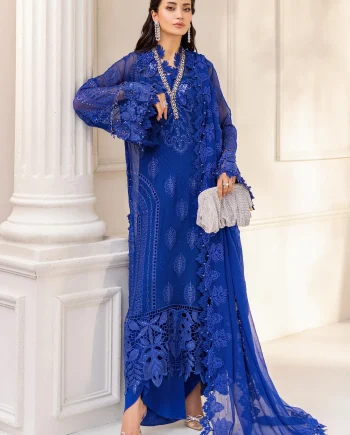 Maria B USA MPC-25-103 Royal Blue Chiffon Suit front view with embroidered chiffon shirt and dupatta