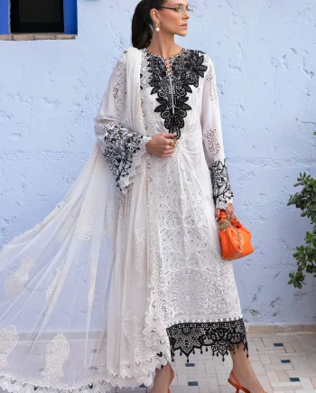 Maria B D2505A Off White Embroidered Paper Cotton Suit Front View