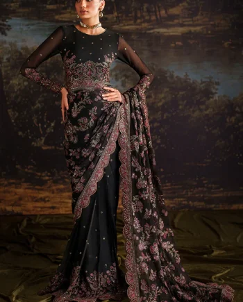 Black and red saree front view with sequins embroidery – Salai Karai USA