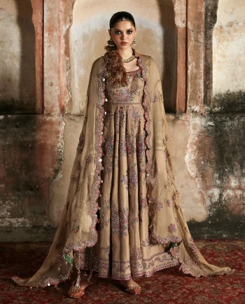 Front view of Hussain Rehar Mahvash embroidered tea pink dress