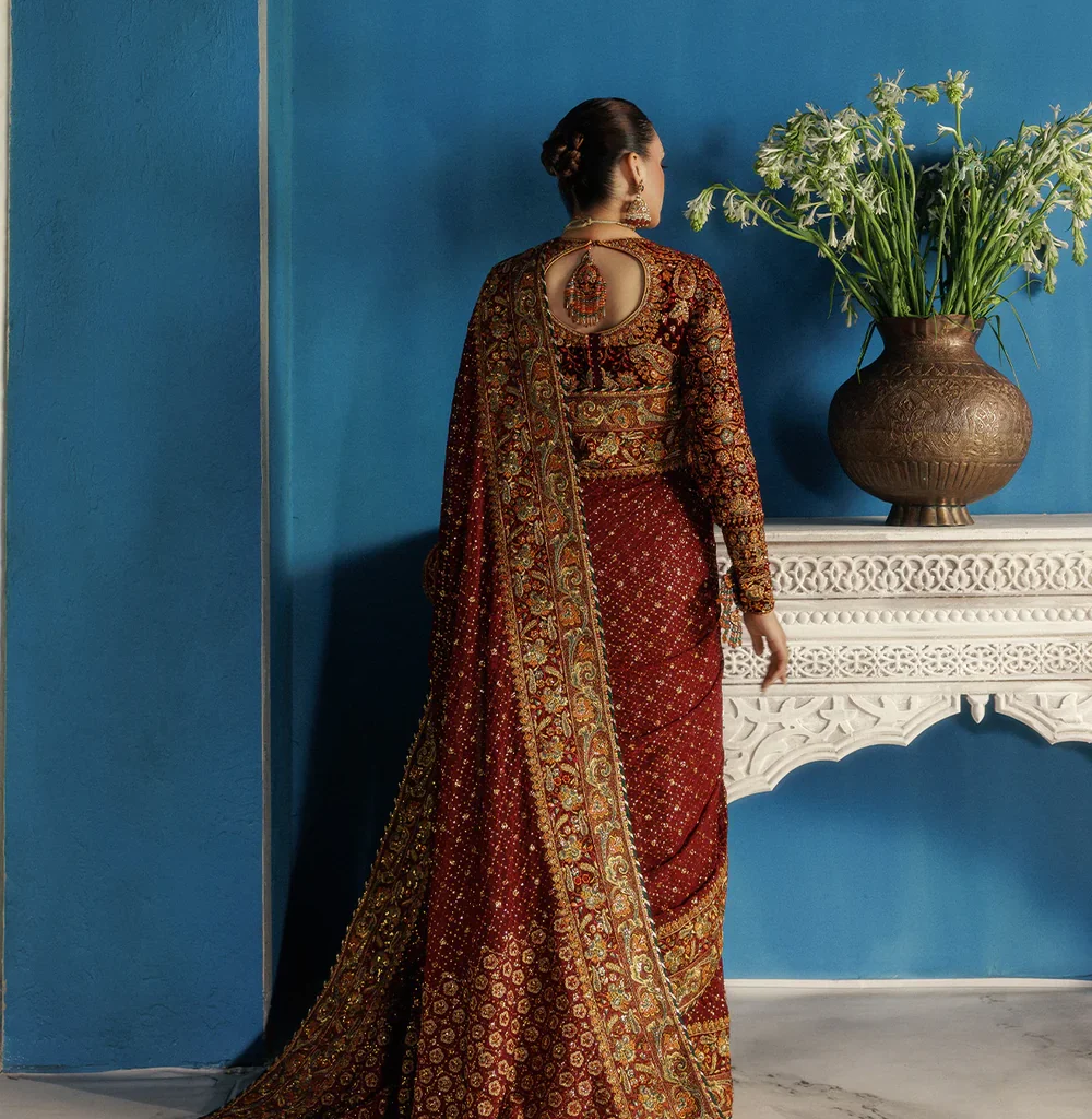 Luxury Maroon Velvet Embroidered Saree back view with embroidered velvet blouse
