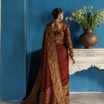 Luxury Maroon Velvet Embroidered Saree back view with embroidered velvet blouse