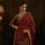 Luxury Maroon Velvet Embroidered Saree side view with organza border
