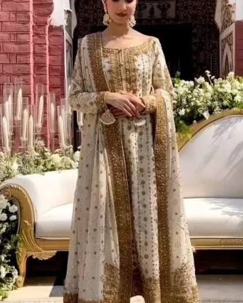 Luxury white wedding dress front view with embroidered details – Salai Karai USA