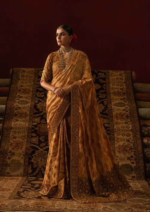 Golden Saree for Wedding with embroidered silk front bodice – Salai Karai USA