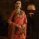 Orange and Maroon Wedding Saree close-up view with intricate embroidery and organza detailing