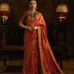 Orange and Maroon Wedding Saree embroidered tussar silk pallu detail