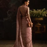 Rose Gold Color Saree back view with embroidered jamawar blouse