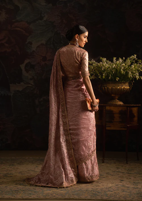 Rose Gold Color Saree back view with embroidered jamawar blouse