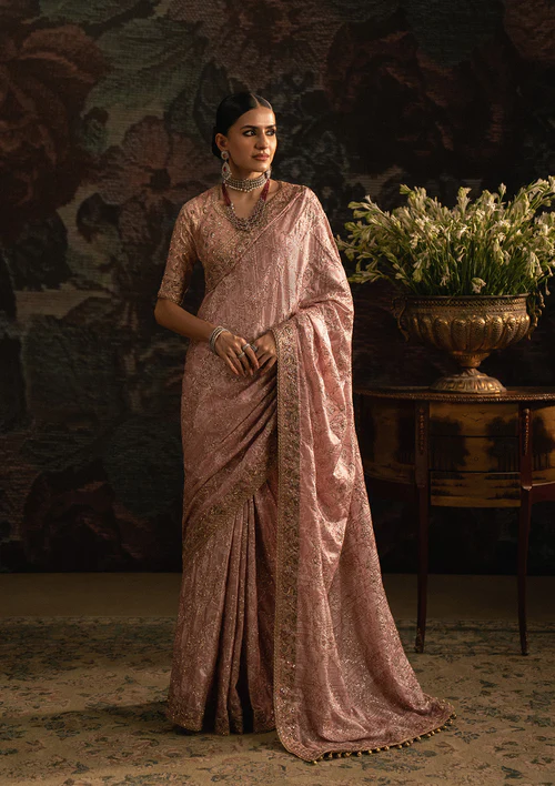 Front view of Rose Gold Jamawar Saree with embroidered bodice and tussar silk pallu