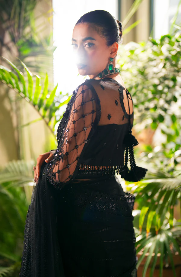 Black Saree Party Wear back view with embroidered net blouse by Salai Karai USA