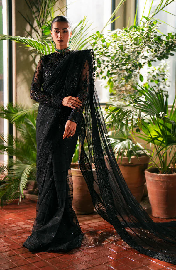 Front view of elegant black saree party wear with hand embellishment by Salai Karai