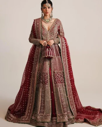 Hussain Rehar Sarang berry red bridal peshwas front view