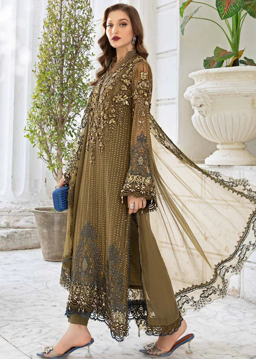 Alternative view of Buy Maria B Canada & Usa – Olive Green Chiffon Dress with Custom Stitching