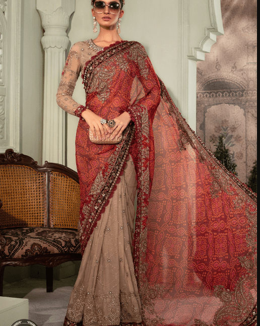 Maria B Stiched Chiffon Saree Coffee & Mahroon Colour Latest Collection 2022
