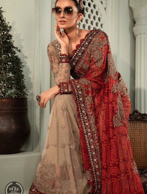 Alternative view of Maria B Stiched Chiffon Saree Coffee & Mahroon Colour Latest Collection 2022