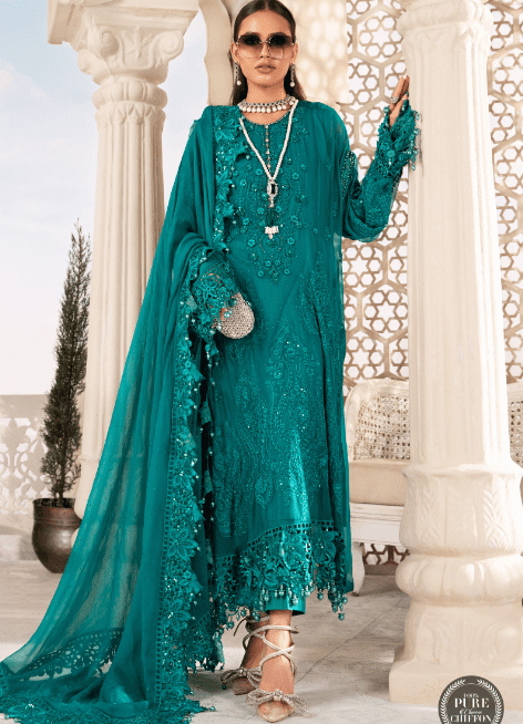 Maria B Stiched Embroidered Chiffon MPC-22-203-Deep and Sea Green