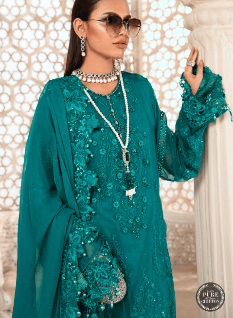 Alternative view of Maria B Stiched Embroidered Chiffon MPC-22-203-Deep and Sea Green