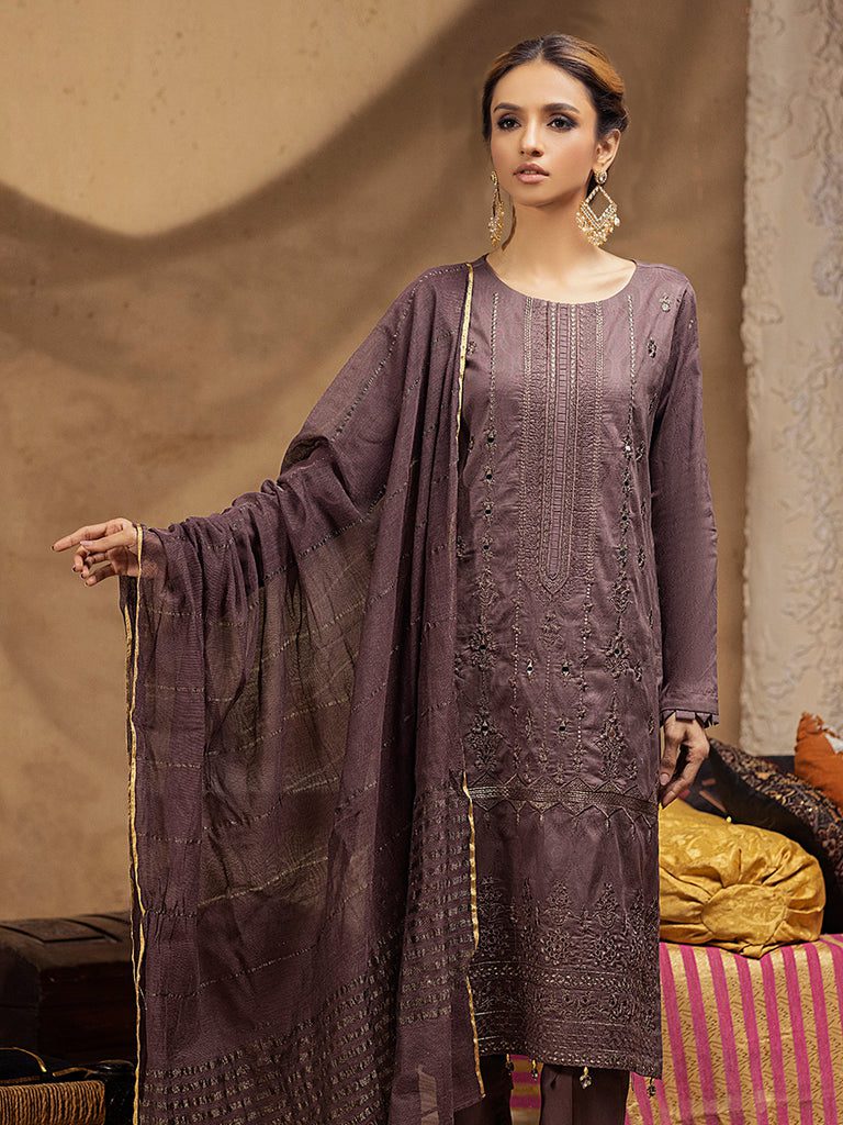 Unstitched 3pc – Embroidered Broschia Front With Dyed Broschia Back & Sleeves & Dyed Cambric Trouser With Khaddi Net Dupatta