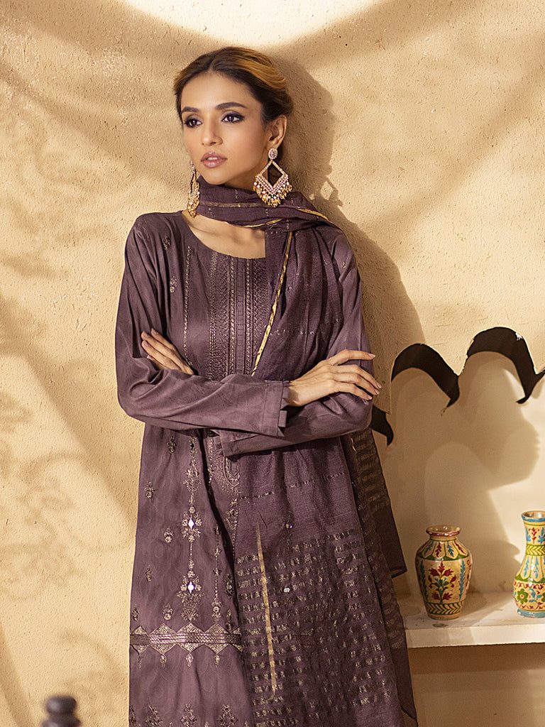 Alternative view of Unstitched 3pc – Embroidered Broschia Front With Dyed Broschia Back & Sleeves & Dyed Cambric Trouser With Khaddi Net Dupatta