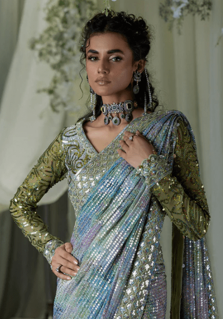 Alternative view of Green Sequence Saree Latest Weeding Collection 2024