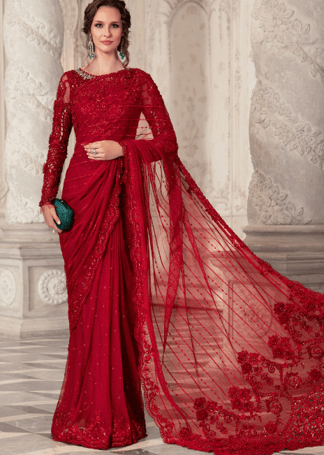 Maria B Stitched saree Couture Red MC 051 LATEST Collection 2025