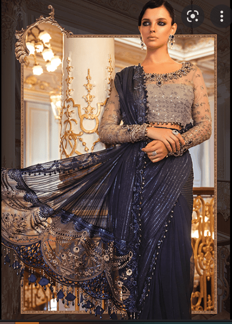 MARIA B STICHED CHIFFON MBROIDERED BLUE & GREY SAREE