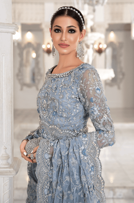 Alternative view of Maria B Stitched Ice Blue Saree Latest Collection 2023