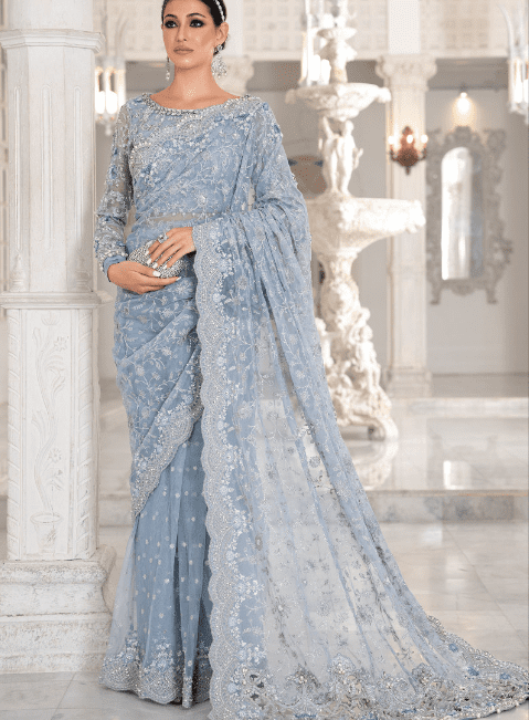 Maria B Stitched Ice Blue Saree Latest Collection 2023