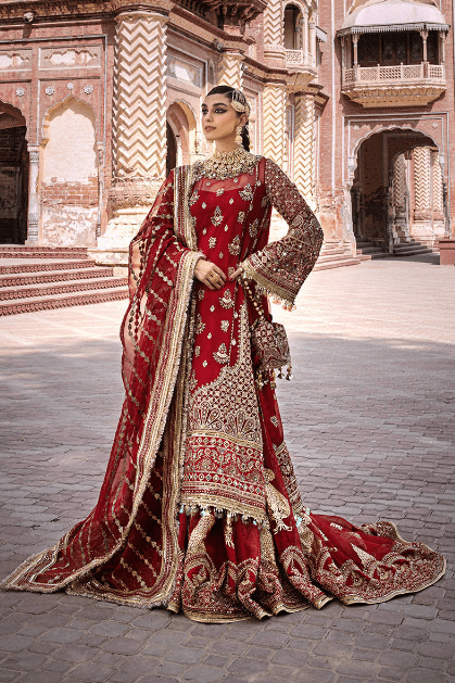 Mohsin Naveed Ranjha Biya Begum Red Dress Latest Collection 2024