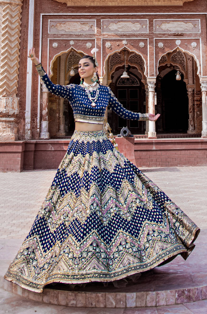Mohsin Naveed Ranjha Shahtaj Sapphire Blue Lehenga Latest Collection 2024