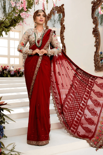 Red Saree BD 2107 Chiffon Embroidered Saree For weeding