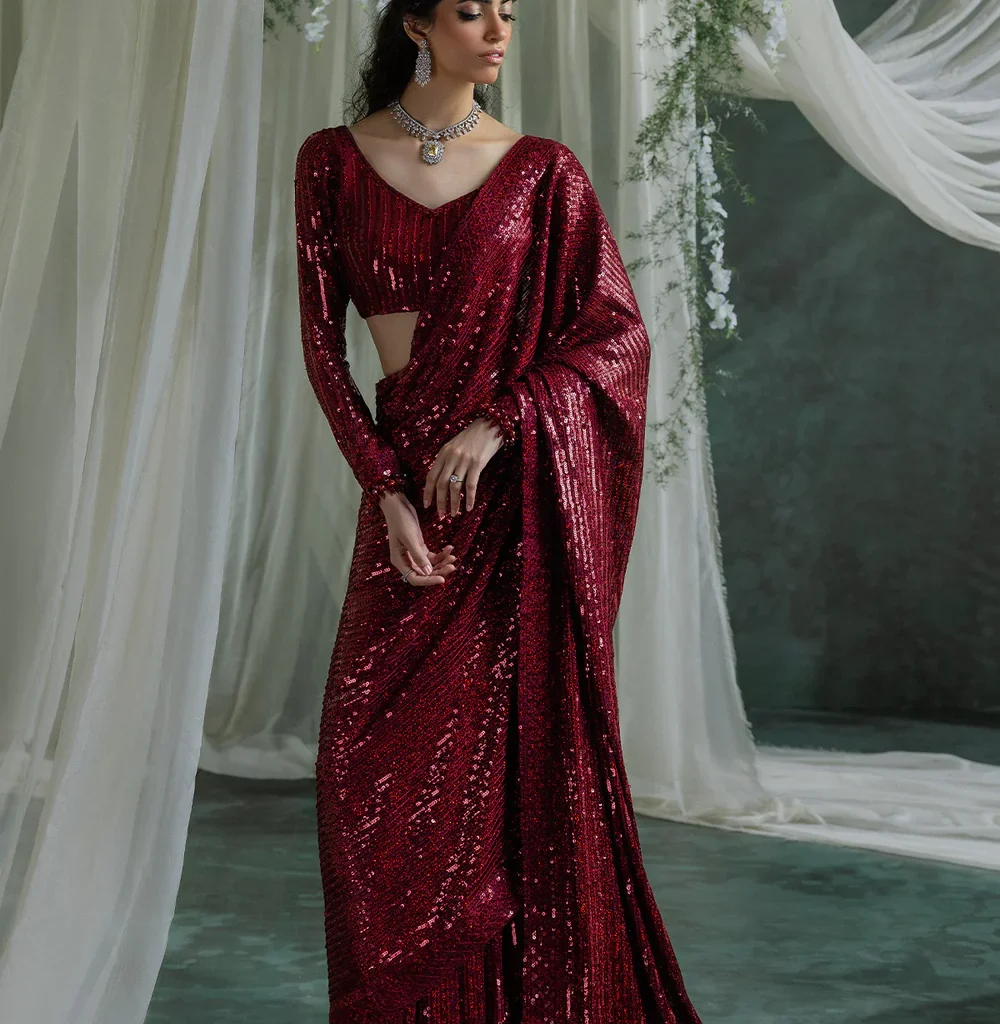 Luxury Red Sequin Saree-Festive Wear for Women