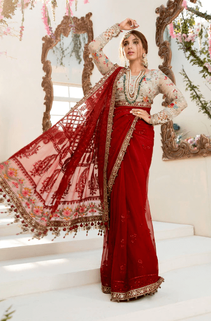 Alternative view of Red Saree BD 2107 Chiffon Embroidered Saree For weeding