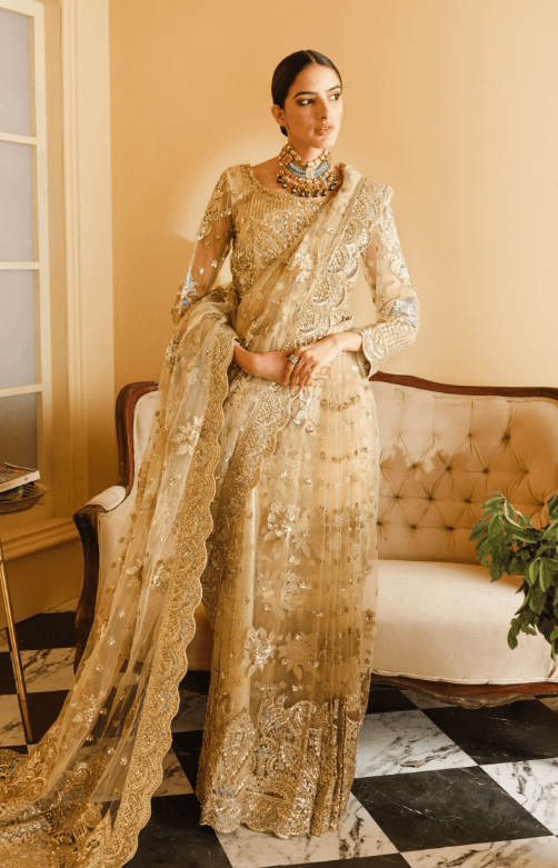 Gold Net Embroidered Saree Collection 2023