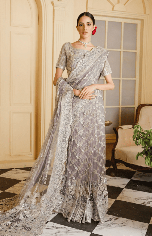 Steel Silver Grey Net Saree Collection 2023
