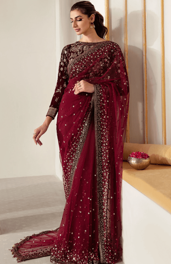 Mahroon EMBROIDERED VELVET FORMAL Saree Latest Collection 2025