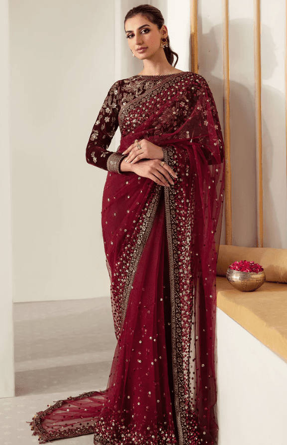 Alternative view of Mahroon EMBROIDERED VELVET FORMAL Saree Latest Collection 2025