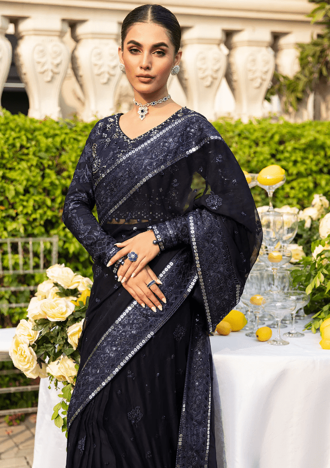 Buy Blue Sequin Saree with Custom Size – Just Like Model Picture