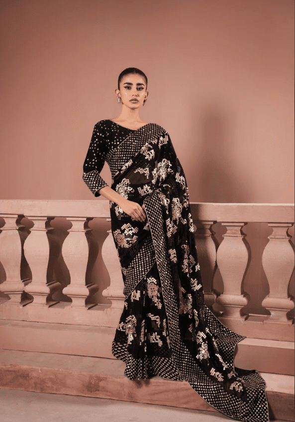 Black Chiffon 10 Embroidered Saree Latest Weeding Collection 2023