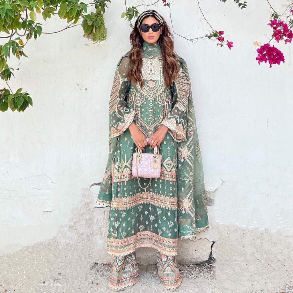 Party Wear Stitched Organza Aqua Green Embroidered Shalwar Kameez Dress