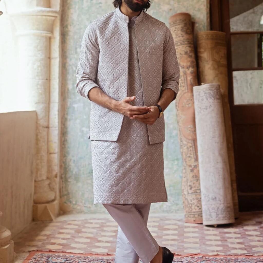 MENS GREY SHALWAR KAMEEZ WITH WAIST COAT