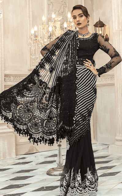 Alternative view of Maria B Striped Saree – Black and White Saree for Every Occasion