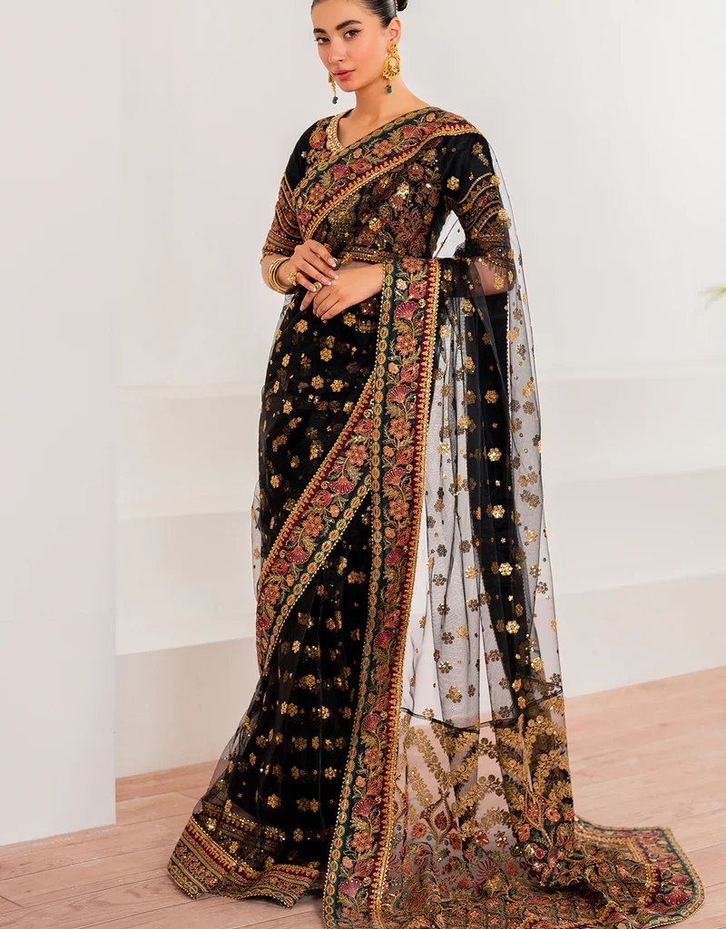 Buy Black Saree with Golden Border Online – Salai Karai Premium Collection 2025 Latest Pakistani Saree Collection 2025