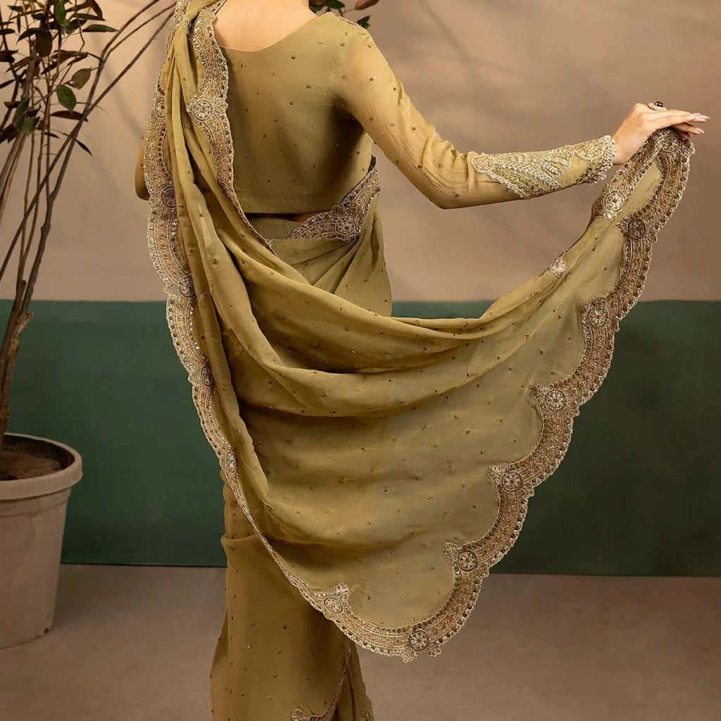Alternative view of Brown Chiffon Pakistani Saree | Party Wear Saree USA – Salai Karai
