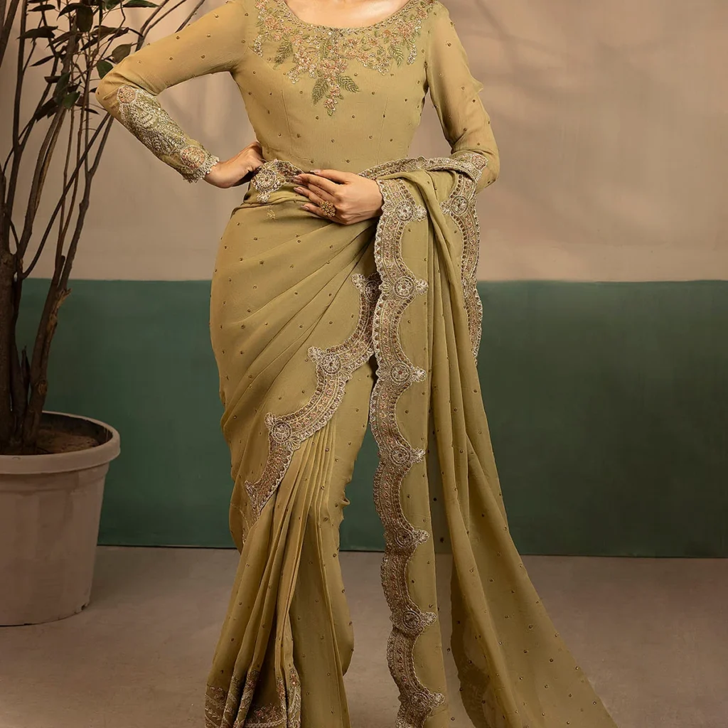 Brown Chiffon Pakistani Saree | Party Wear Saree USA – Salai Karai