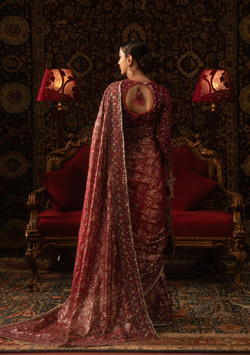 Alternative view of Burgundy Saree with Golden Embroidery for Wedding -Salai Karai USA