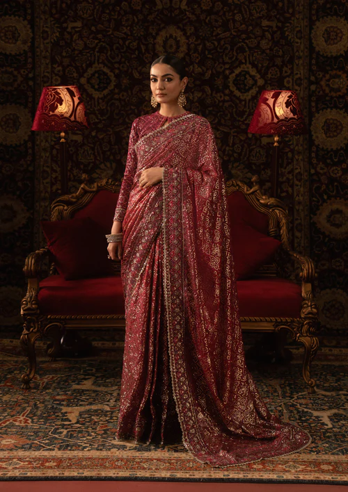Burgundy Saree with Golden Embroidery for Wedding -Salai Karai USA