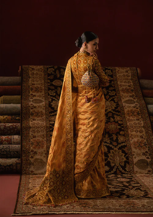 Alternative view of Golden Saree for Wedding | Bridal Wear Saree USA – Salai Karai