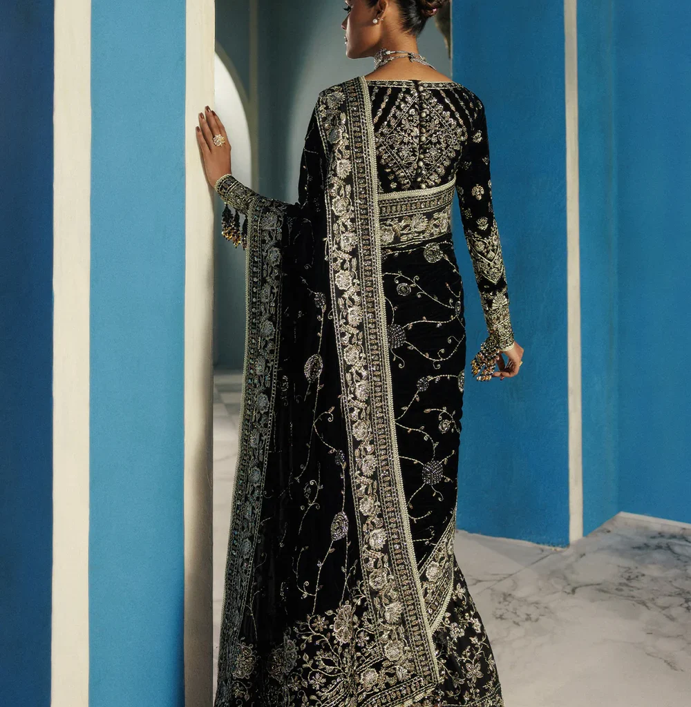 Alternative view of Luxury Black Velvet Embroidered Saree with Chiffon Detailing by Salai Karai USA